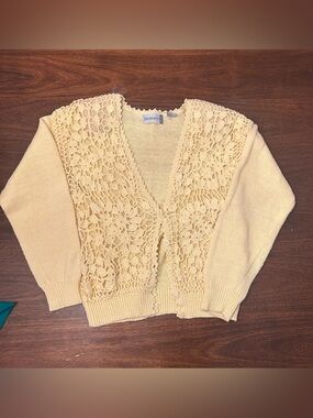 Vintage Diversity Butter Yellow Crochet-Front Button Cardigan